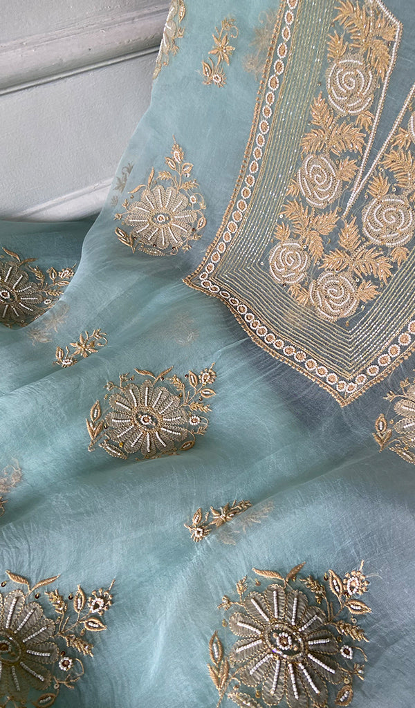 Mayuri Women's Lakhnavi Handcrafted Pure Organza Silk Chikankari Unstitched Full Suit Material - HONC0351132