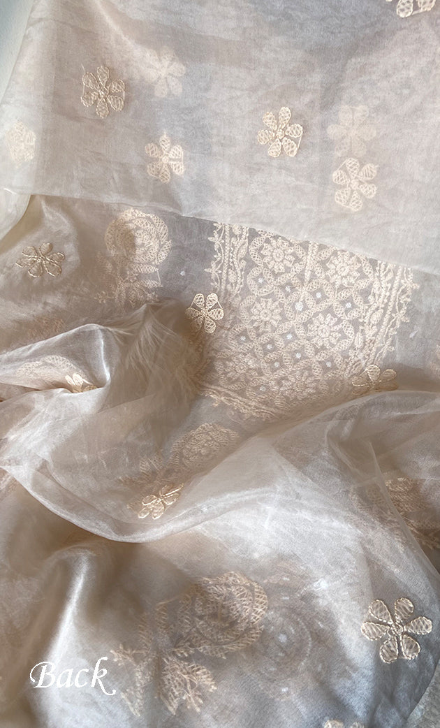 Women's Lakhnavi Handcrafted Organza Chikankari Unstitched Full Suit Material - HONC0271202