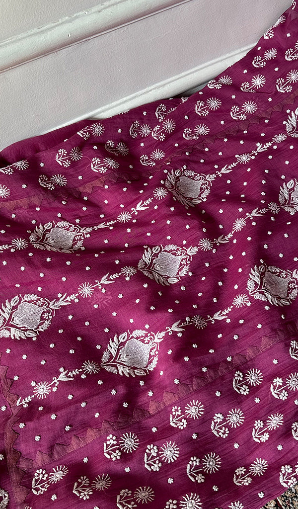Aarushi Women's Lakhnavi Handcrafted Mul Chanderi Semi - stitched Chikankari Full Suit Material - HONC0360091