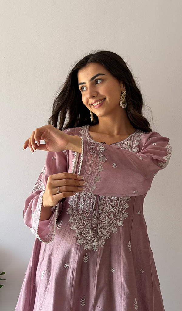 Women's Lucknowi Handcrafted Mul Chanderi Stitched Chikankari Kurta And Plazzo Set- HONC0379066