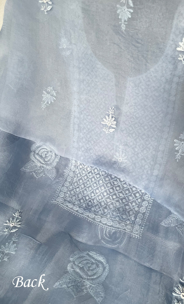 Women's Lakhnavi Handcrafted Pure Organza Chikankari Unstitched Kurta And Dupatta Set- HONC0314162