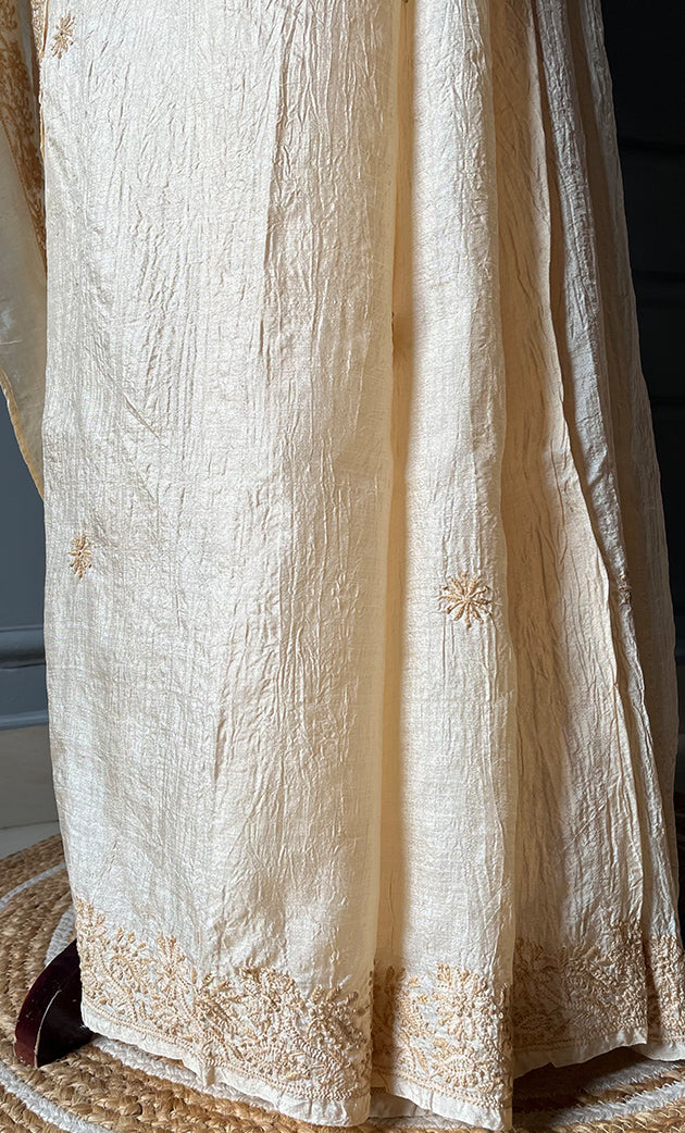 Women's Lakhnavi Handcrafted Tussar Silk Chikankari Saree - HONC0284146