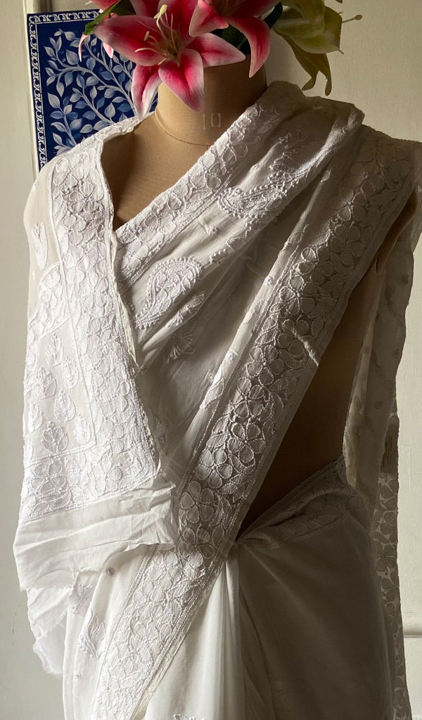 Women's Lakhnavi Handcrafted Viscose Georgette Chikankari Saree - HONC0359808