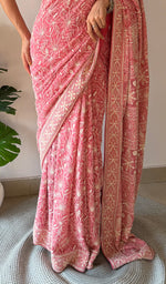 Load image into Gallery viewer, Women's Lakhnavi Handcrafted Pure Silk Georgette Chikankari Saree - HONC0334748