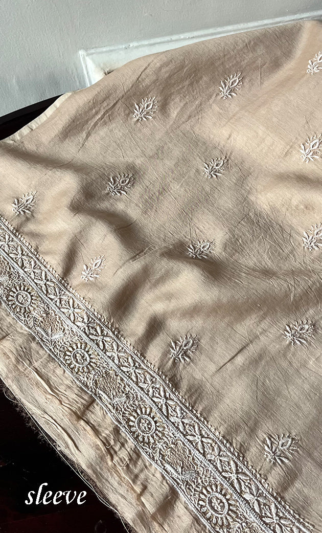 Lucknowi Handcrafted Chanderi Silk Chikankari Unstitched Unisex Kurta Fabric - HONC0275127