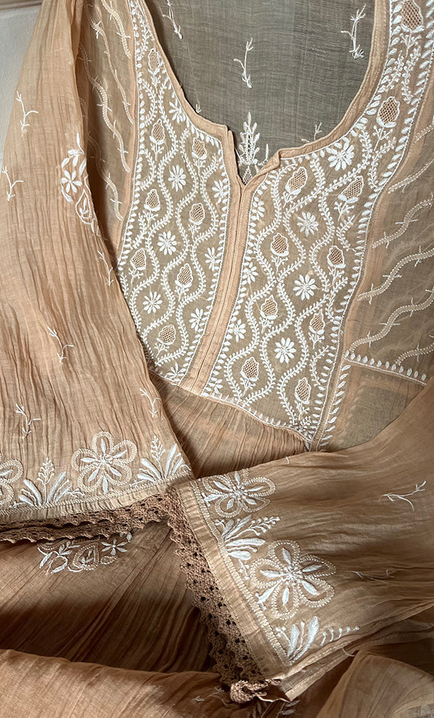 Izana Women's Lakhnavi Handcrafted Mul Chanderi Semi - stitched Chikankari Full Suit Material - HONC0333498