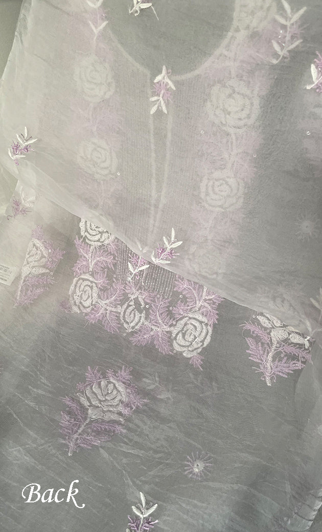 Rose Women's Lakhnavi Handcrafted Pure Organza Chikankari Unstitched Kurta And Dupatta Set- HONC0305186