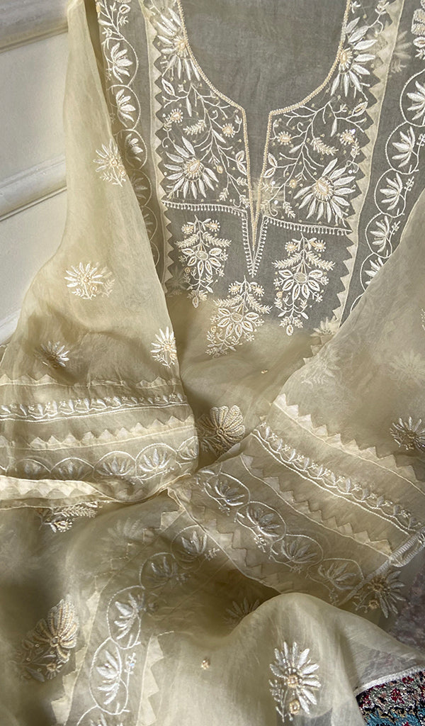 Women's Lakhnavi Handcrafted Pure Organza Chikankari Semi - stitched Kurta And Dupatta Set- HONC0310094