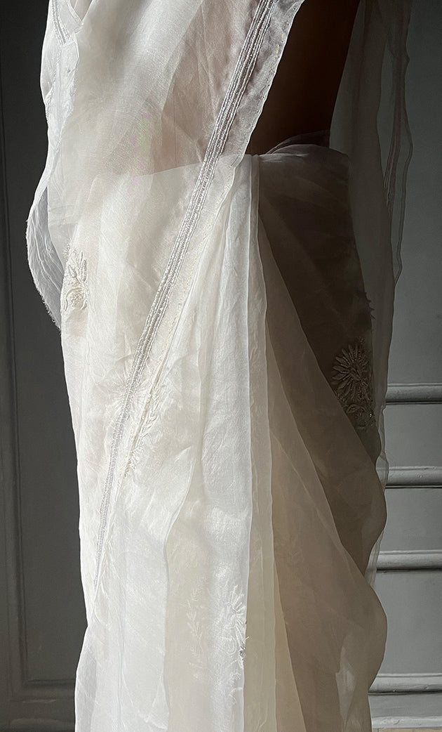 Women's Lucknowi Handcrafted Pure Organza Silk Chikankari Saree - HONC0295371