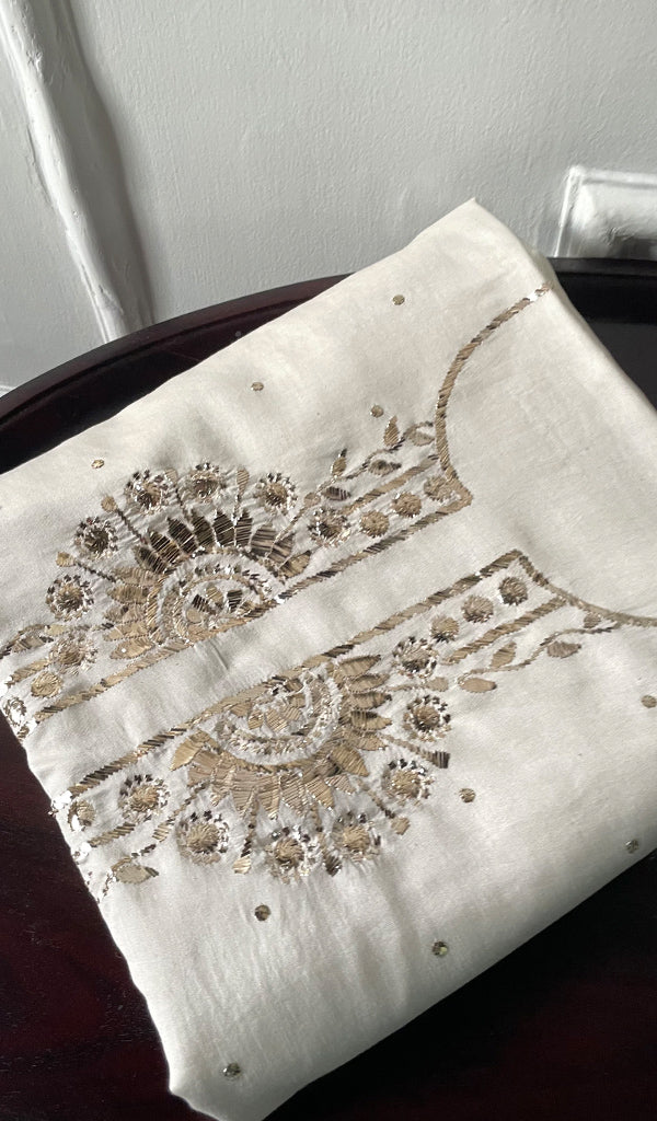 Women's Lucknowi Handcrafted Chanderi Silk Unstitched Chikankari Kurta and Dupatta Set- HONC0254109