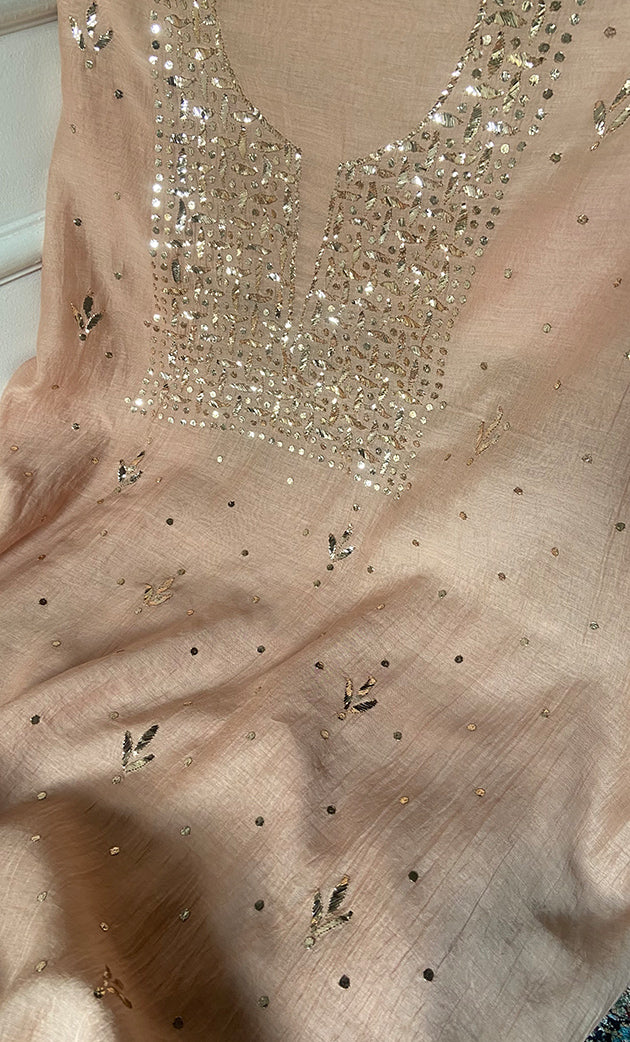 Women's Lakhnavi Handcrafted Mul Chanderi Unstitched Kurta And Dupatta Set- HONC0337823