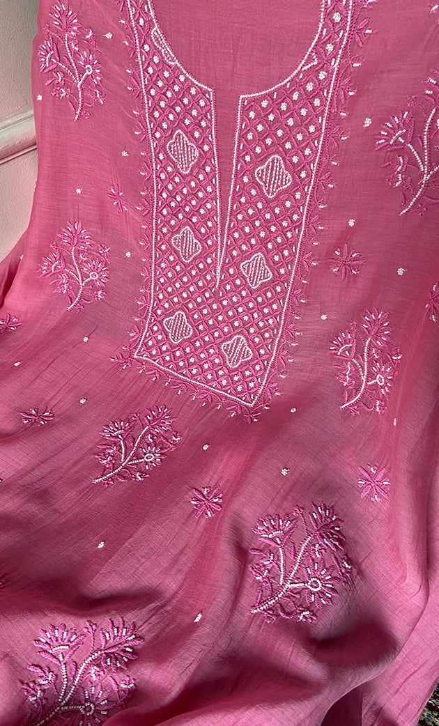 Women's Lakhnavi Handcrafted Unstitchd Mul Chanderi Kurta And Dupatta Set - HONC0310807