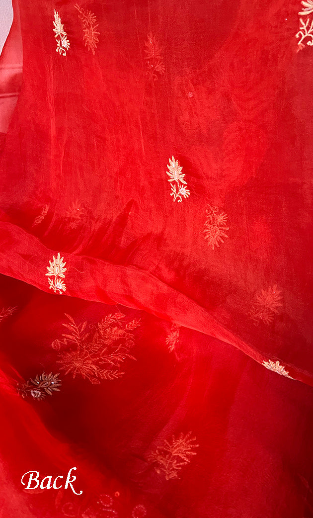 Women's Lakhnavi Handcrafted Pure Organza Chikankari Unstitched Kurta And Dupatta Set- HONC0311711