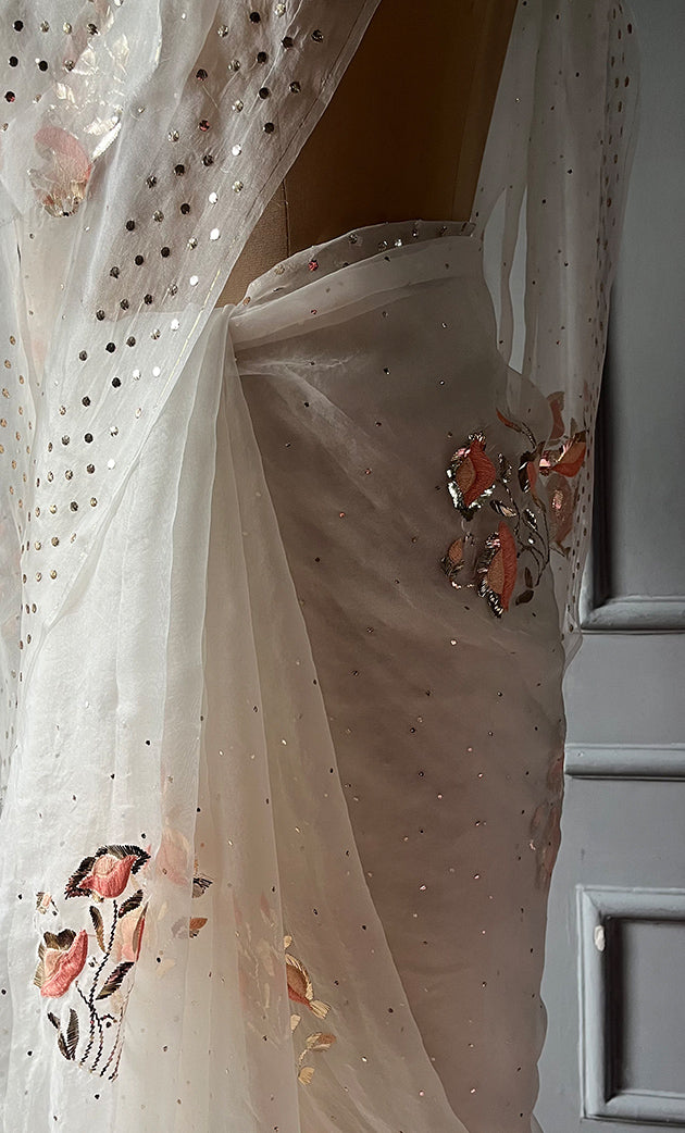 Women's Lucknowi Handcrafted Pure Organza Silk Chikankari Saree - HONC0306873