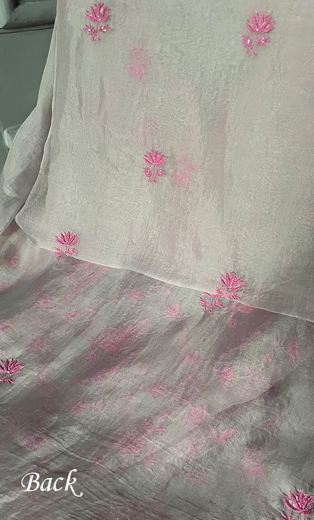 Women's Lakhnavi Handcrafted Pure Organza Chikankari Unstitched Kurta And Dupatta Set- HONC0294919