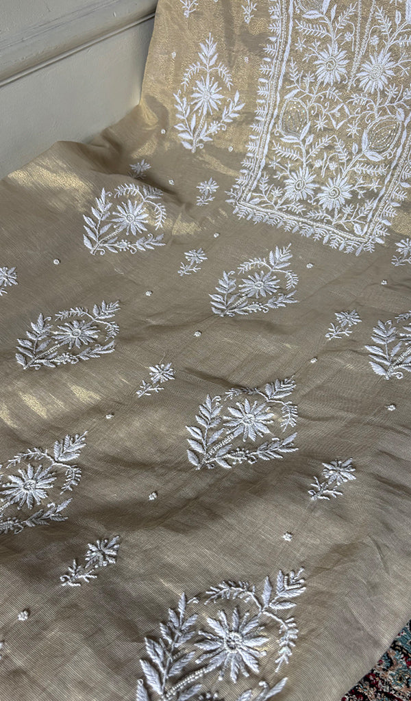 Women's Lakhnavi Handcrafted Tissue Chanderi Unstitched Chikankari Kurta And Dupatta Set - HONC0347707