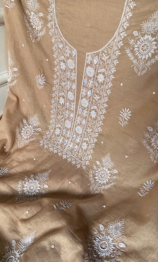 Women's Lakhnavi Handcrafted Mul Chanderi Unstitched Chikankari Full Suit Material - HONC0328323