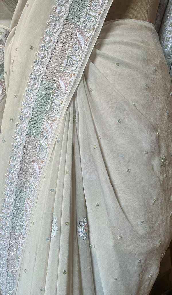 Women's Lakhnavi Handcrafted Pure Silk Georgette Chikankari - HONC0233707