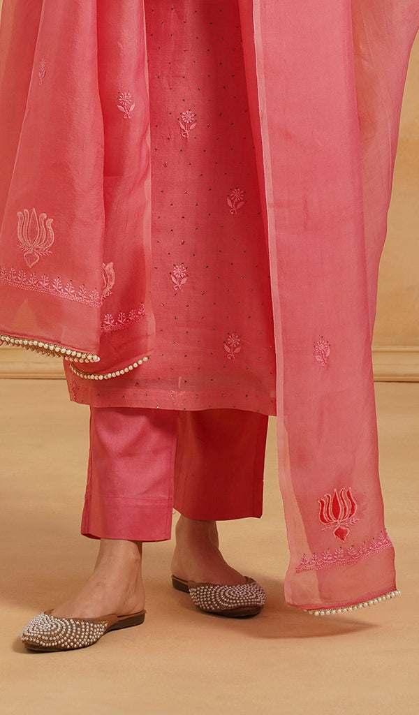 Women's Lucknowi Handcrafted Pure Organza Silk Stitched Chikankari Kurta, Dupatta With Pant Set- HONC0786058