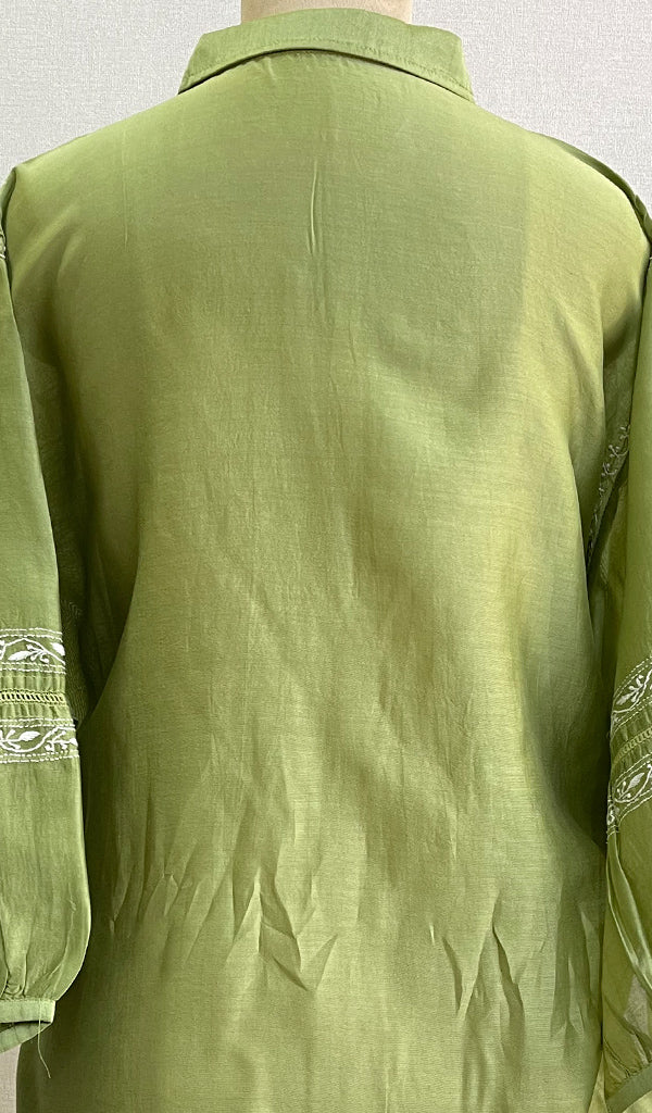Fiza Women's Lakhnavi Handcrafted Chanderi Silk Semi- Stiched Chikankari Top - HONC0192134