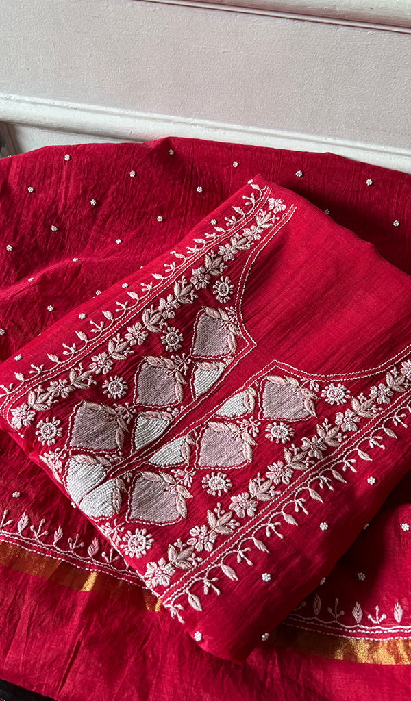 Jazba Women's Lakhnavi Handcrafted Mul Chanderi Unstitched Kurta And Dupatta Set - HONC0356296