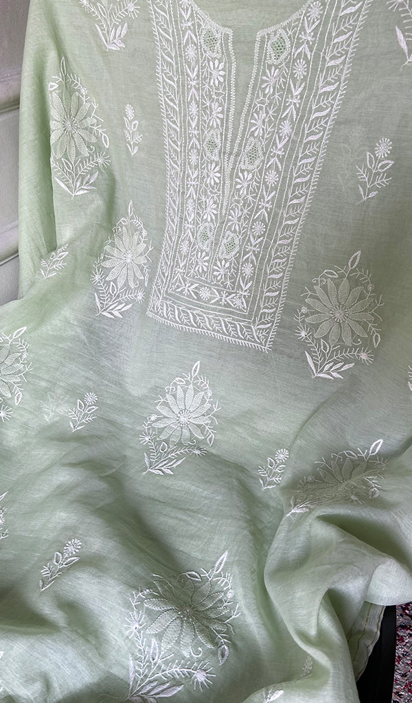 Women's Lakhnavi Handcrafted Chanderi Silk Unstitched Chikankari Full Suit - HONC0351094