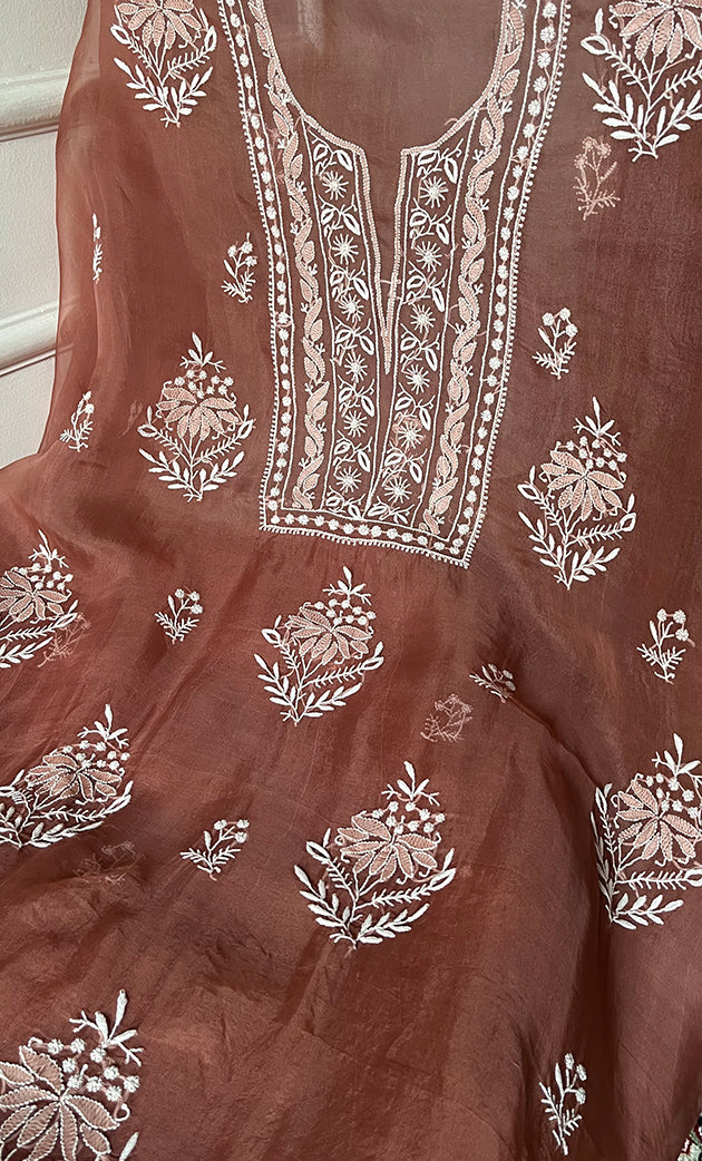 Women's Lakhnavi Handcrafted Pure Organza Chikankari Unstitched Kurta And Dupatta Set- HONC0319192