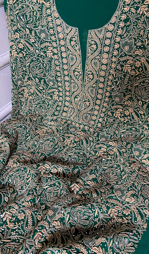 Women's Lakhnavi Handcrafted Pure Silk Georgette Chikankari Kurta And Dupatta Set - HONC0346863