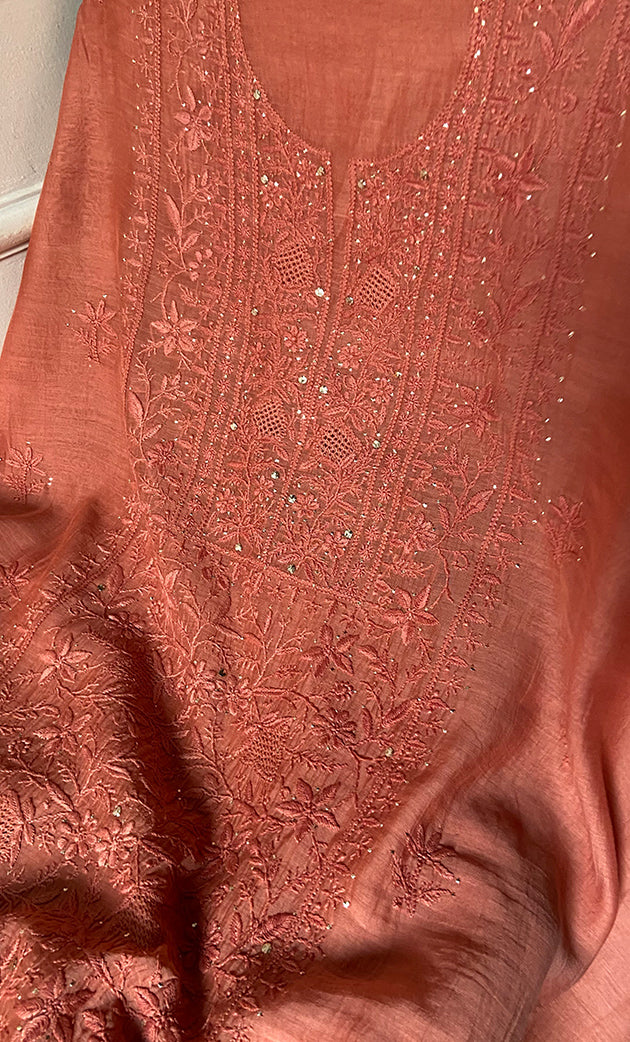 Women's Lakhnavi Handcrafted Mul Chanderi Unstitched Chikankari Full Suit Material - HONC0324499