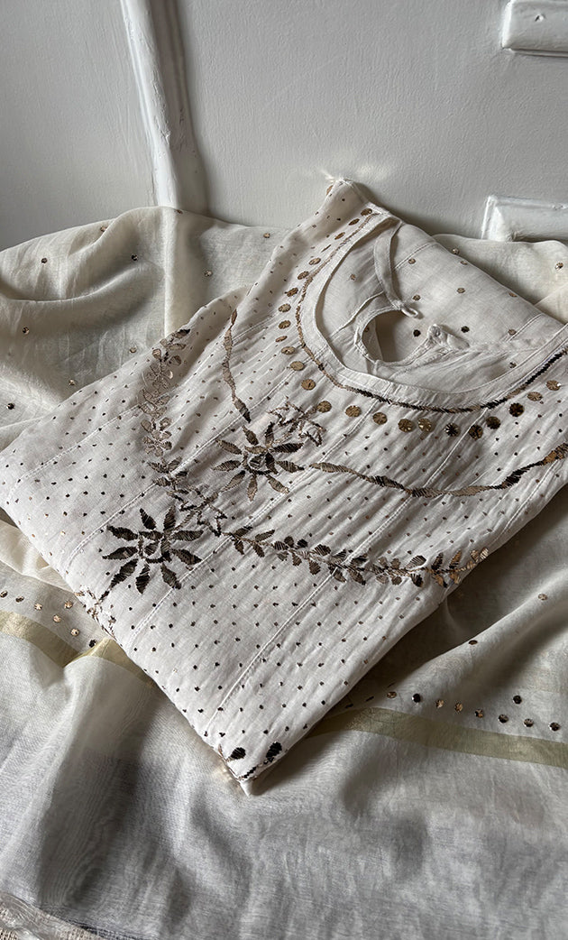 Women's Lakhnavi Handcrafted Mul Chanderi Semi - stitched Kurta And Dupatta Set- HONC0321822