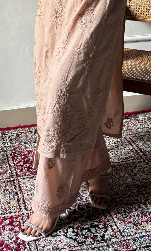 Women's Lakhnavi Handcrafted Cotton Chikankari Kurta And Palazzo Set - HONC0320564