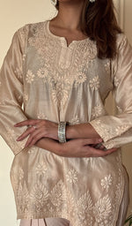 Anika Women's Lucknowi Handcrafted Chanderi Silk Chikankari Top with Farshi Salwar Set .