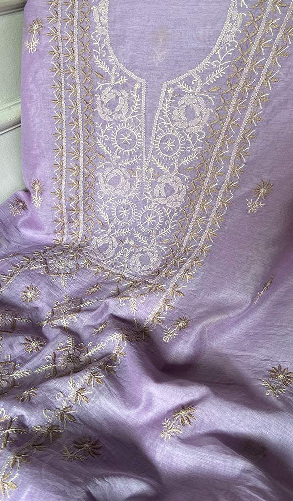 Women's Lakhnavi Handcrafted Chanderi Silk Unstitched Chikankari Full Suit - HONC0369255