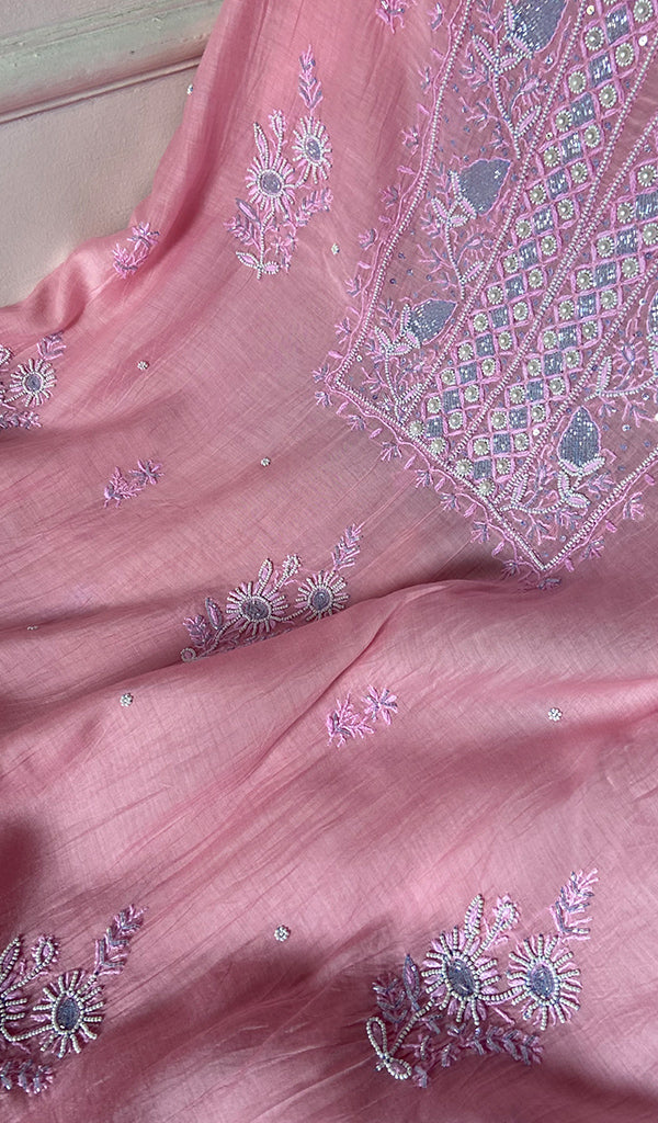 Women's Lakhnavi Handcrafted Mul Chanderi Unstitched Chikankari Full Suit - HONC0354708