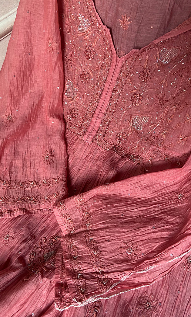 Women's Lakhnavi Handcrafted Mul Chanderi Semi - Stitched Kurta And Dupatta Set - HONC0297757