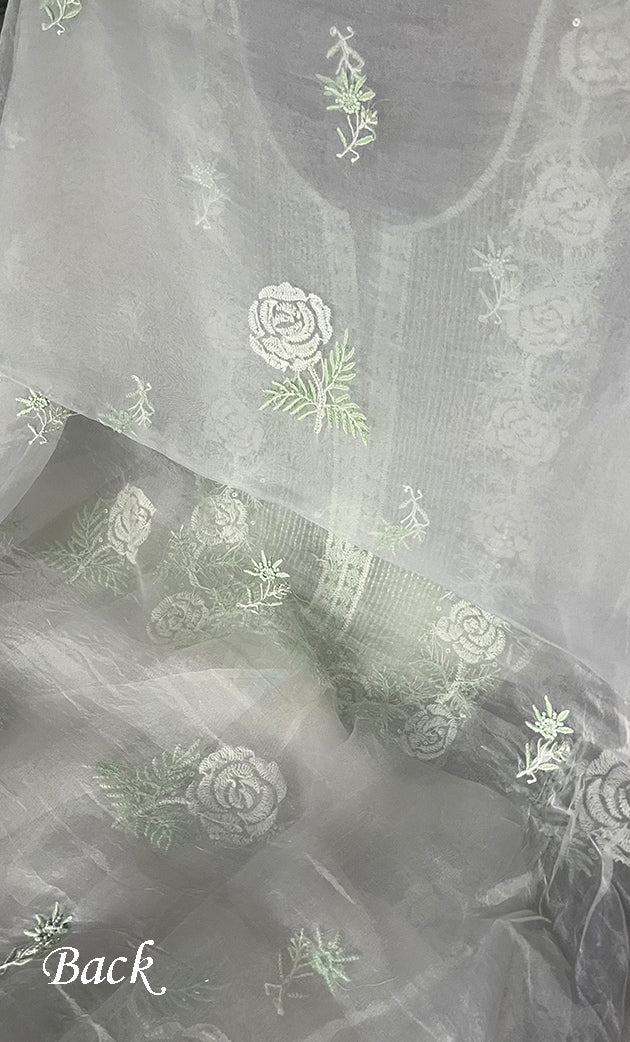 Women's Lakhnavi Handcrafted Pure Organza Chikankari Unstitched Kurta And Dupatta Set- HONC0297175