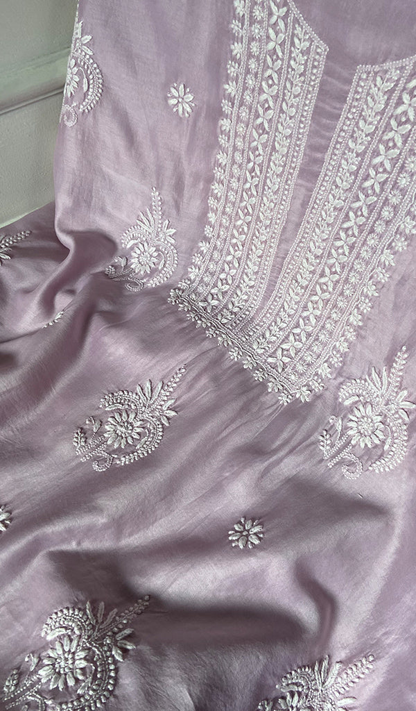 Women's Lakhnavi Handcrafted Chanderi Silk Unstitched Chikankari Full Suit - HONC0340146