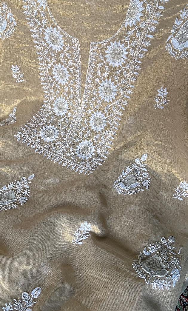 Women's Lakhnavi Handcrafted Tissue Chanderi Unstitched Chikankari Kurta And Dupatta Set - HONC0332082