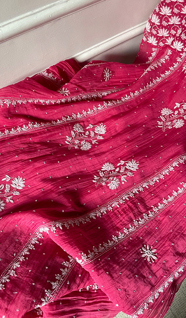 Women's Lakhnavi Handcrafted Mul Chanderi Semi - Stitched Anarkali And Dupatta Set - HONC0317827