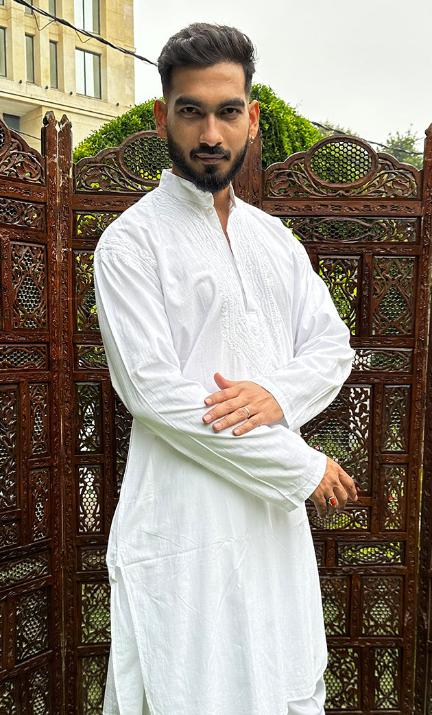 Men's Lucknowi Handcrafted Cotton Chikankari Kurta - HONC0315299