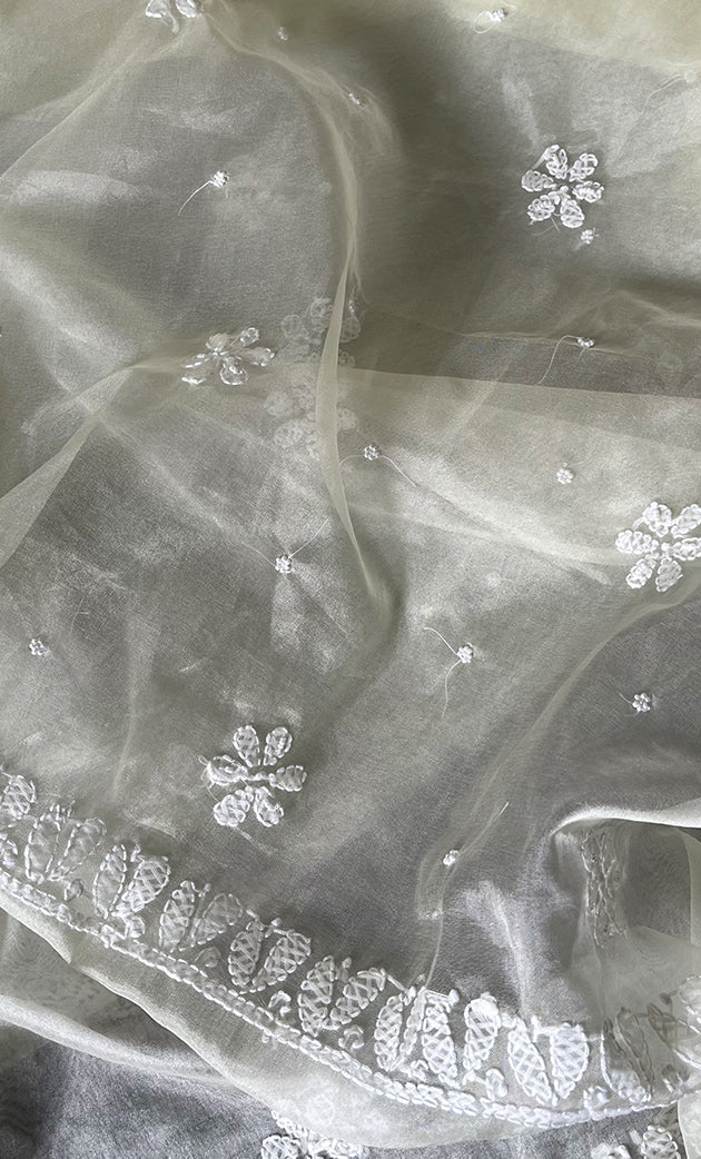 Women's Lakhnavi Handcrafted Organza Chikankari Unstitched Full Suit Material - HONC0284626