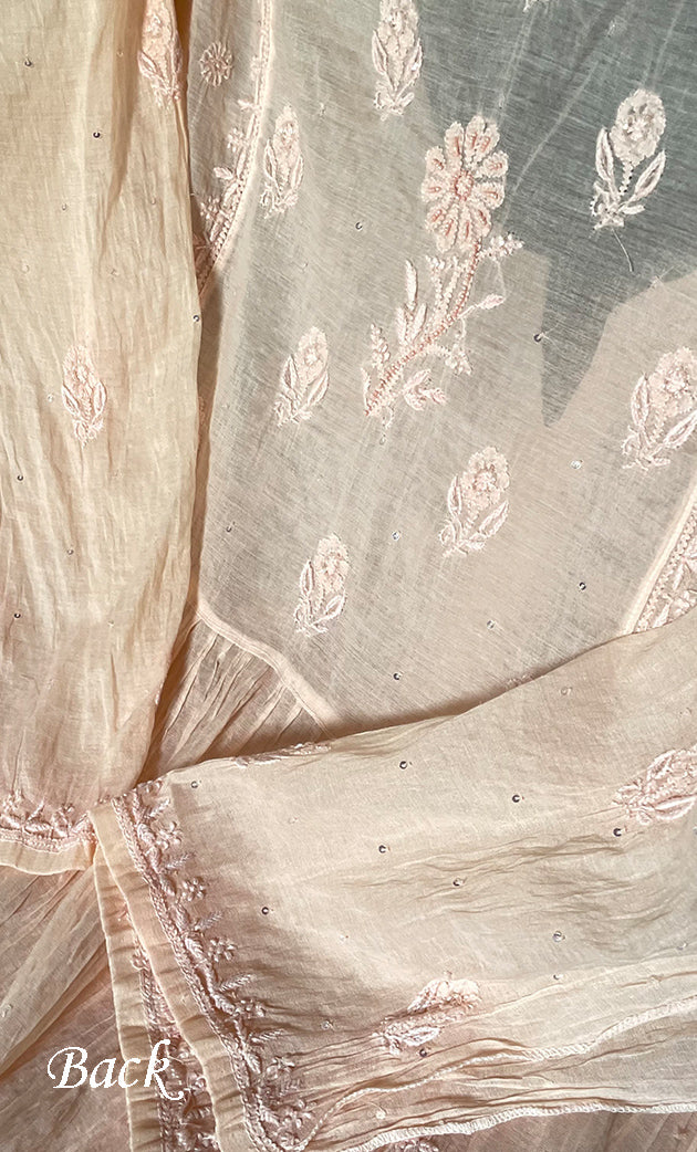 Women's Lakhnavi Handcrafted Mul Chanderi Semi - stitched Chikankari Full Suit Material - HONC0319557