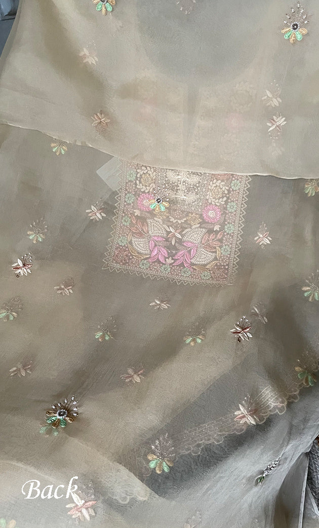 Women's Lakhnavi Handcrafted Pure Organza Chikankari Unstitched Kurta And Dupatta Set- HONC0267234
