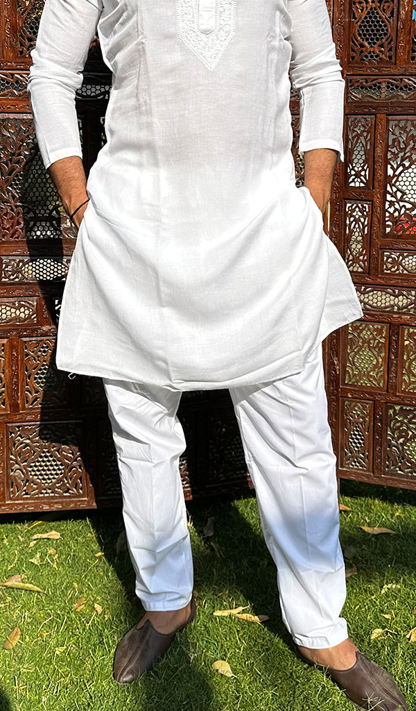 Men's Lucknowi Handcrafted Cotton Chikankari Kurta - HONC0342314