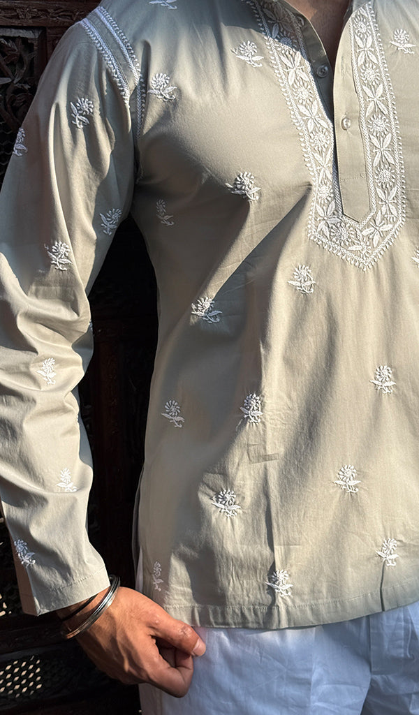 Men's Lucknowi Handcrafted Cotton Chikankari Short Kurta - HONC0148535