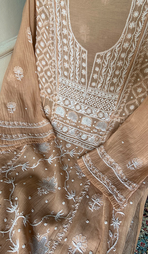 Women's Lakhnavi Handcrafted Mul Chanderi Semi Stitched Kurta And Dupatta Set - HONC358771
