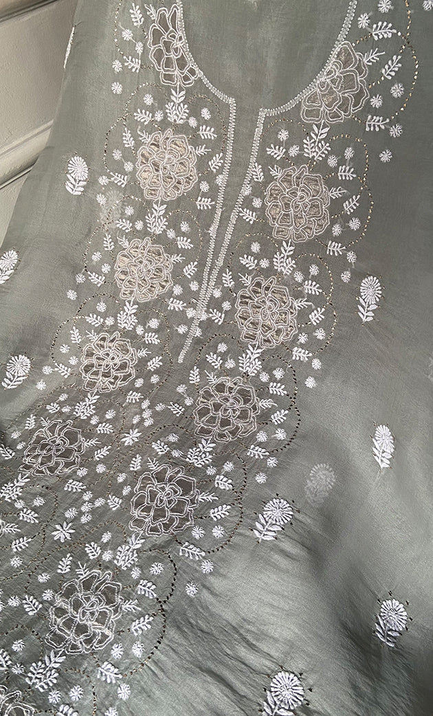 Mainaaj Women's Lakhnavi Handcrafted Pure Organza Chikankari Unstitched Kurta And Dupatta Set- HONC0256615