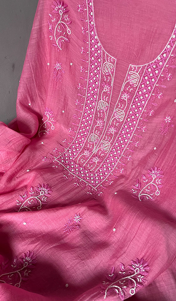 Women's Lakhnavi Handcrafted Mul Chanderi Unstitched Kurta And Dupatta Set- HONC0303407