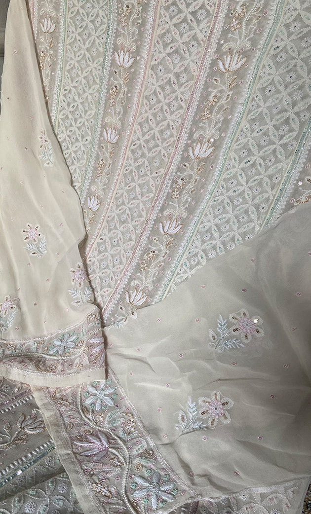 Women's Lakhnavi Handcrafted Pure Silk Georgette Chikankari Semi - stitched Anarkali And Dupatta Set- HONC0193624
