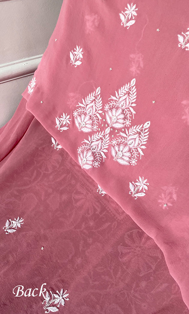 Women's Lakhnavi Handcrafted Pure Silk Georgette Chikankari Kurta And Dupatta Set- HONC0291005